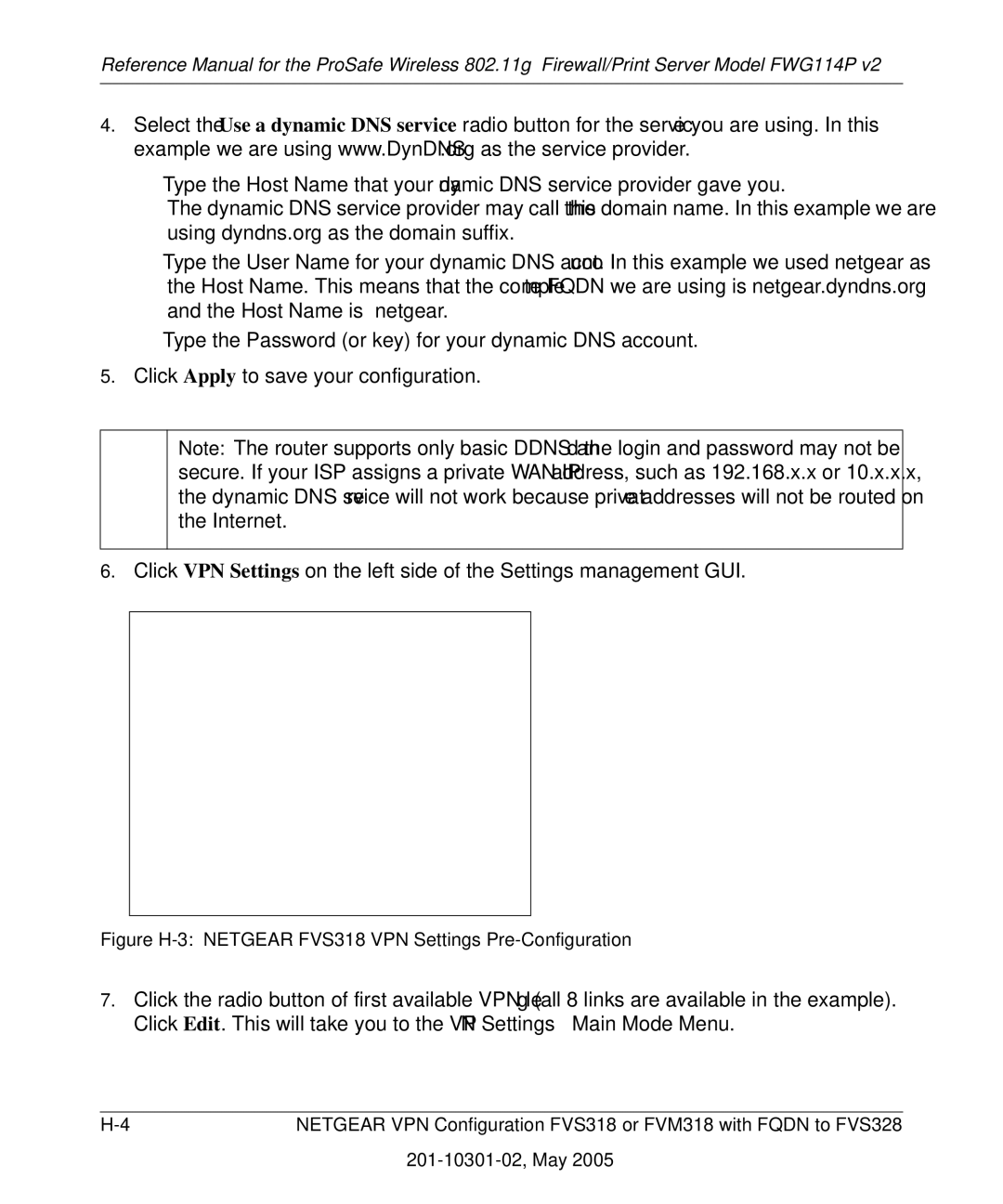 NETGEAR FWG114P v2 manual Figure H-3 Netgear FVS318 VPN Settings Pre-Configuration 