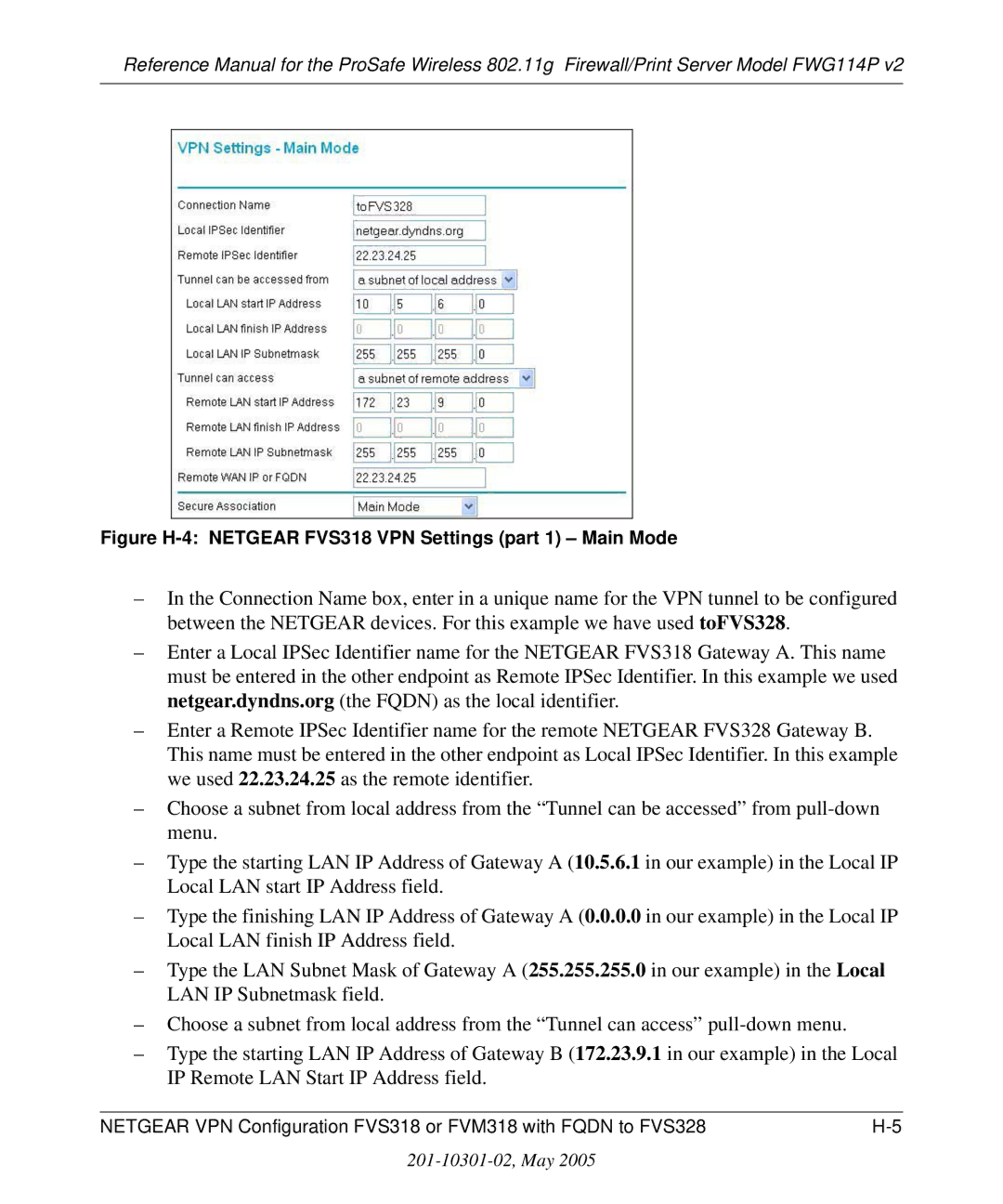 NETGEAR FWG114P v2 manual Figure H-4 Netgear FVS318 VPN Settings part 1 Main Mode 