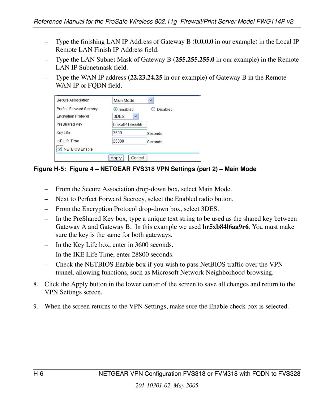 NETGEAR FWG114P v2 manual Figure H-5 Netgear FVS318 VPN Settings part 2 Main Mode 