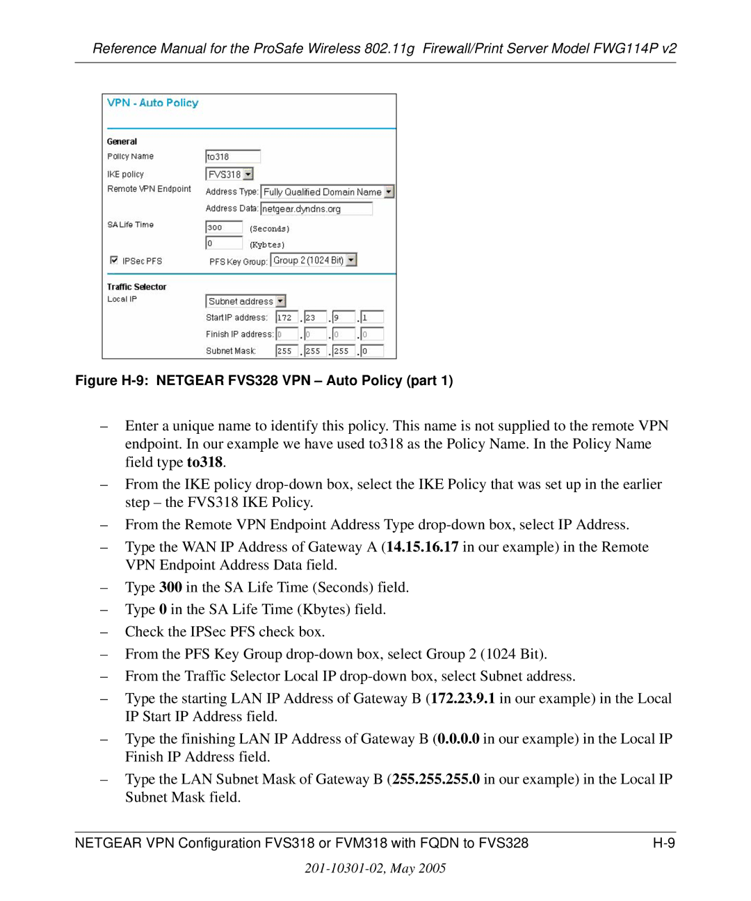 NETGEAR FWG114P v2 manual Figure H-9 Netgear FVS328 VPN Auto Policy part 