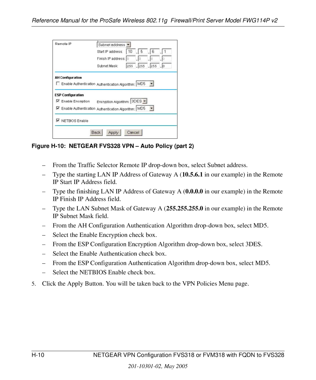 NETGEAR FWG114P v2 manual Figure H-10 Netgear FVS328 VPN Auto Policy part 