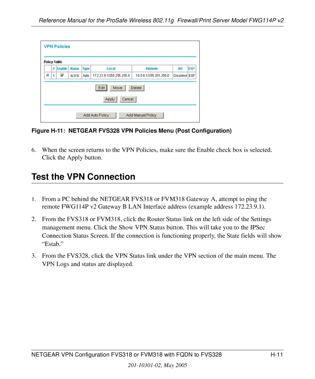 NETGEAR FWG114P v2 manual Test the VPN Connection 