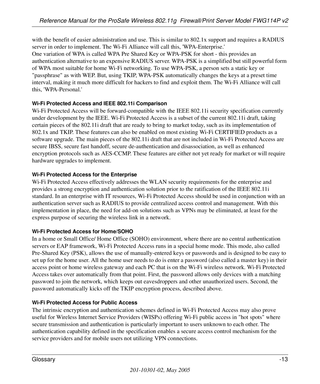 NETGEAR FWG114P v2 manual Wi-Fi Protected Access and Ieee 802.11i Comparison 