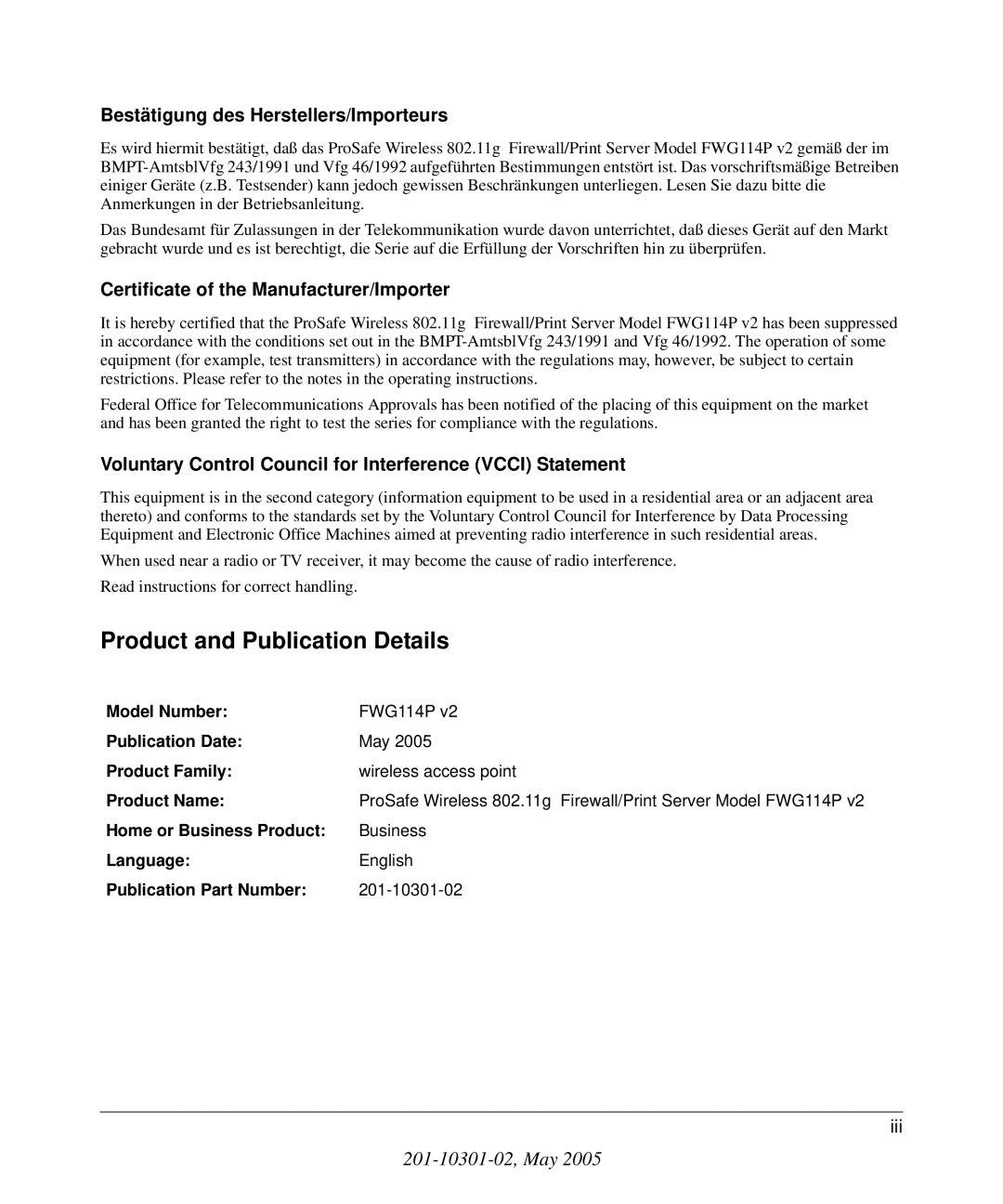 NETGEAR FWG114P v2 manual Bestätigung des Herstellers/Importeurs, Certificate of the Manufacturer/Importer 