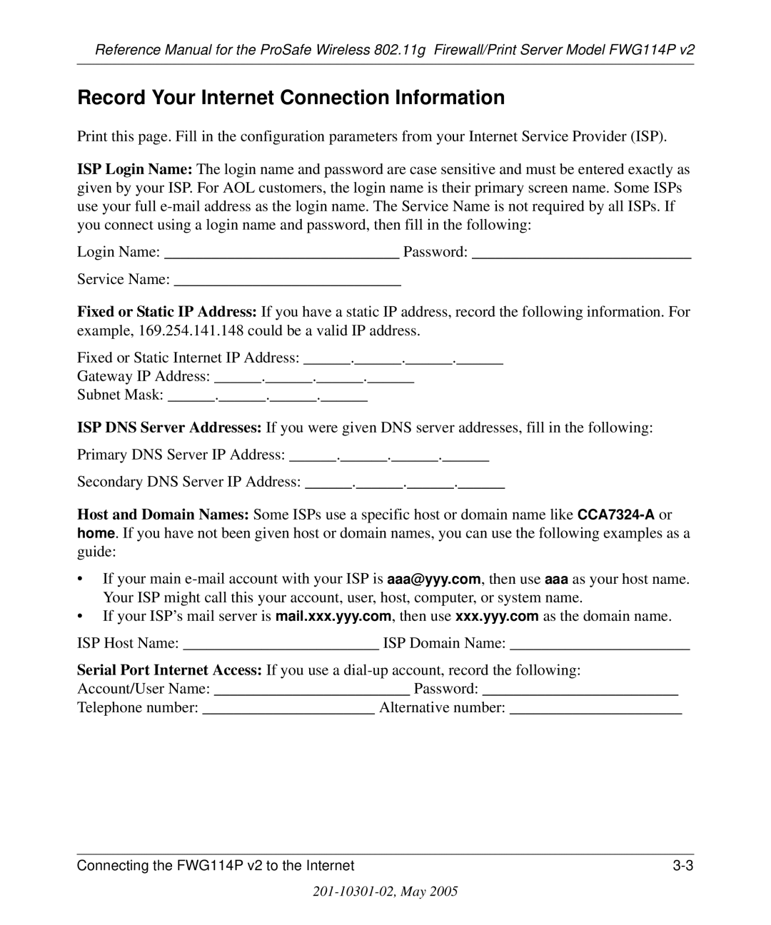 NETGEAR FWG114P v2 manual Record Your Internet Connection Information 