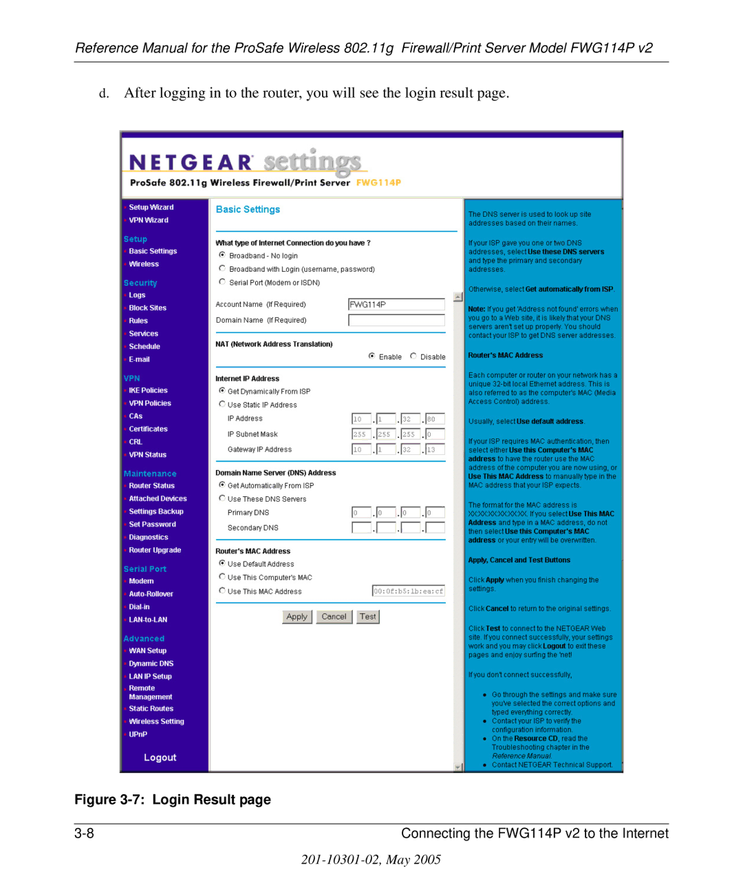 NETGEAR FWG114P v2 manual Login Result 