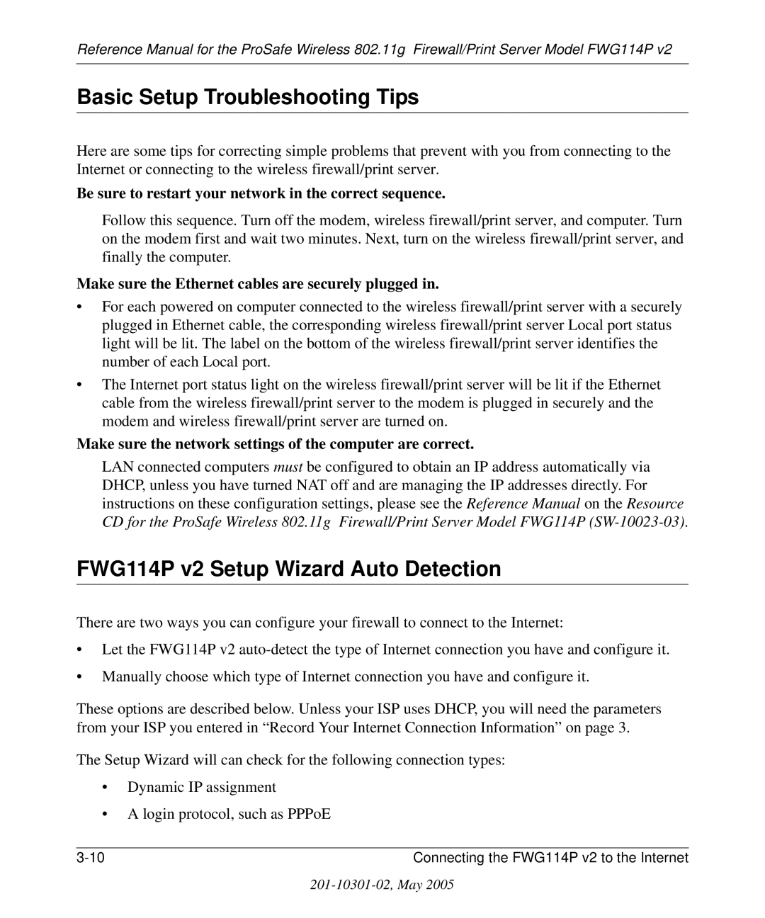 NETGEAR manual Basic Setup Troubleshooting Tips, FWG114P v2 Setup Wizard Auto Detection 