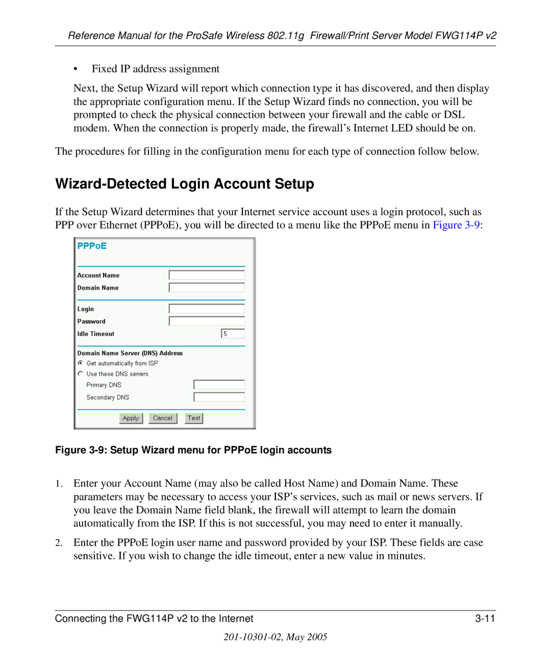 NETGEAR FWG114P v2 manual Wizard-Detected Login Account Setup, Setup Wizard menu for PPPoE login accounts 