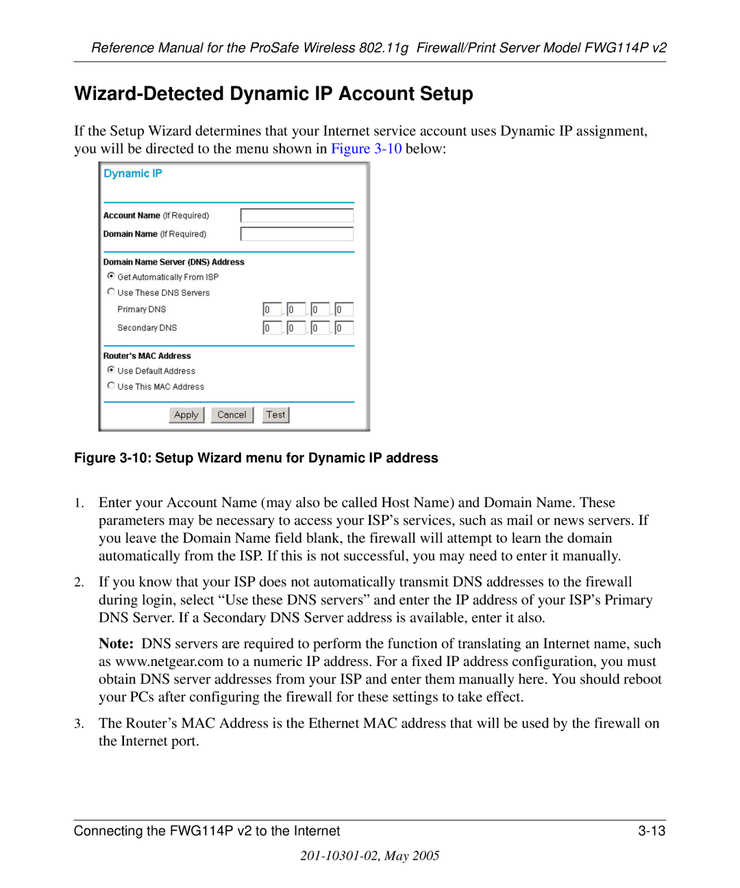 NETGEAR FWG114P v2 manual Wizard-Detected Dynamic IP Account Setup, Setup Wizard menu for Dynamic IP address 