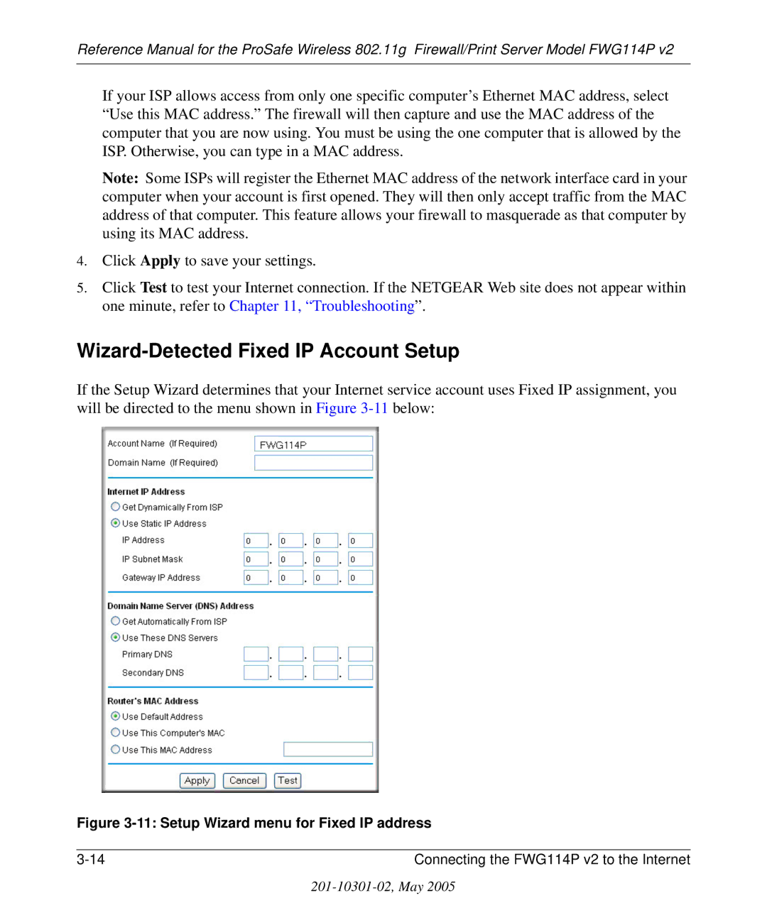 NETGEAR FWG114P v2 manual Wizard-Detected Fixed IP Account Setup, Setup Wizard menu for Fixed IP address 