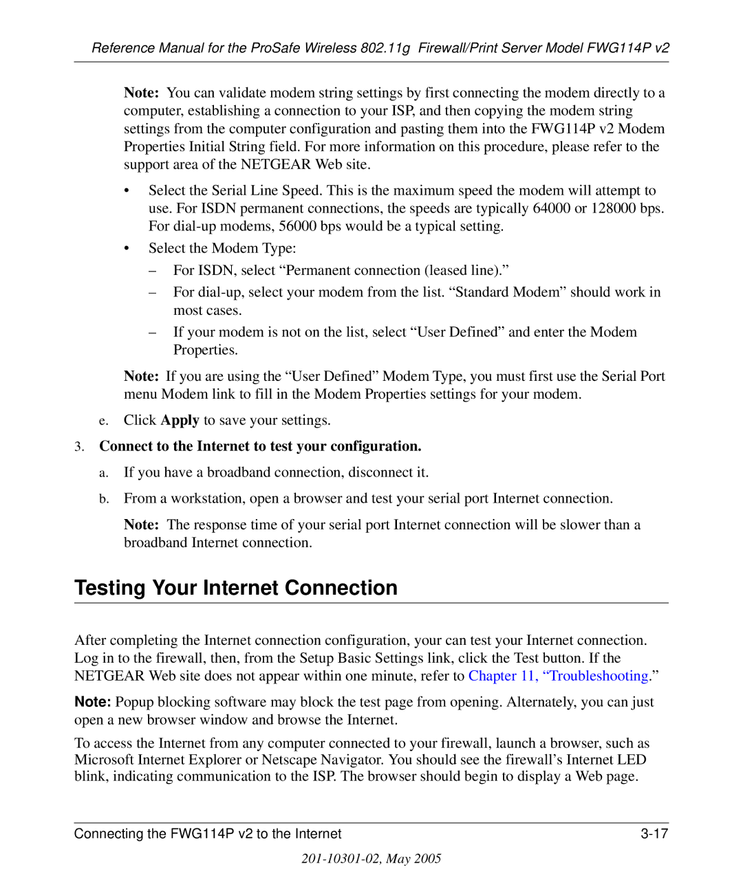 NETGEAR FWG114P v2 manual Testing Your Internet Connection, Connect to the Internet to test your configuration 