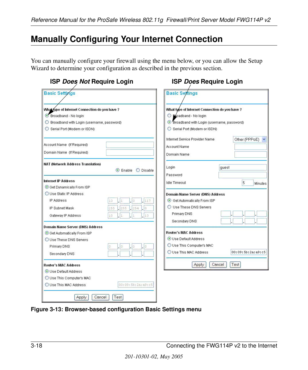 NETGEAR FWG114P v2 manual Manually Configuring Your Internet Connection, Browser-based configuration Basic Settings menu 