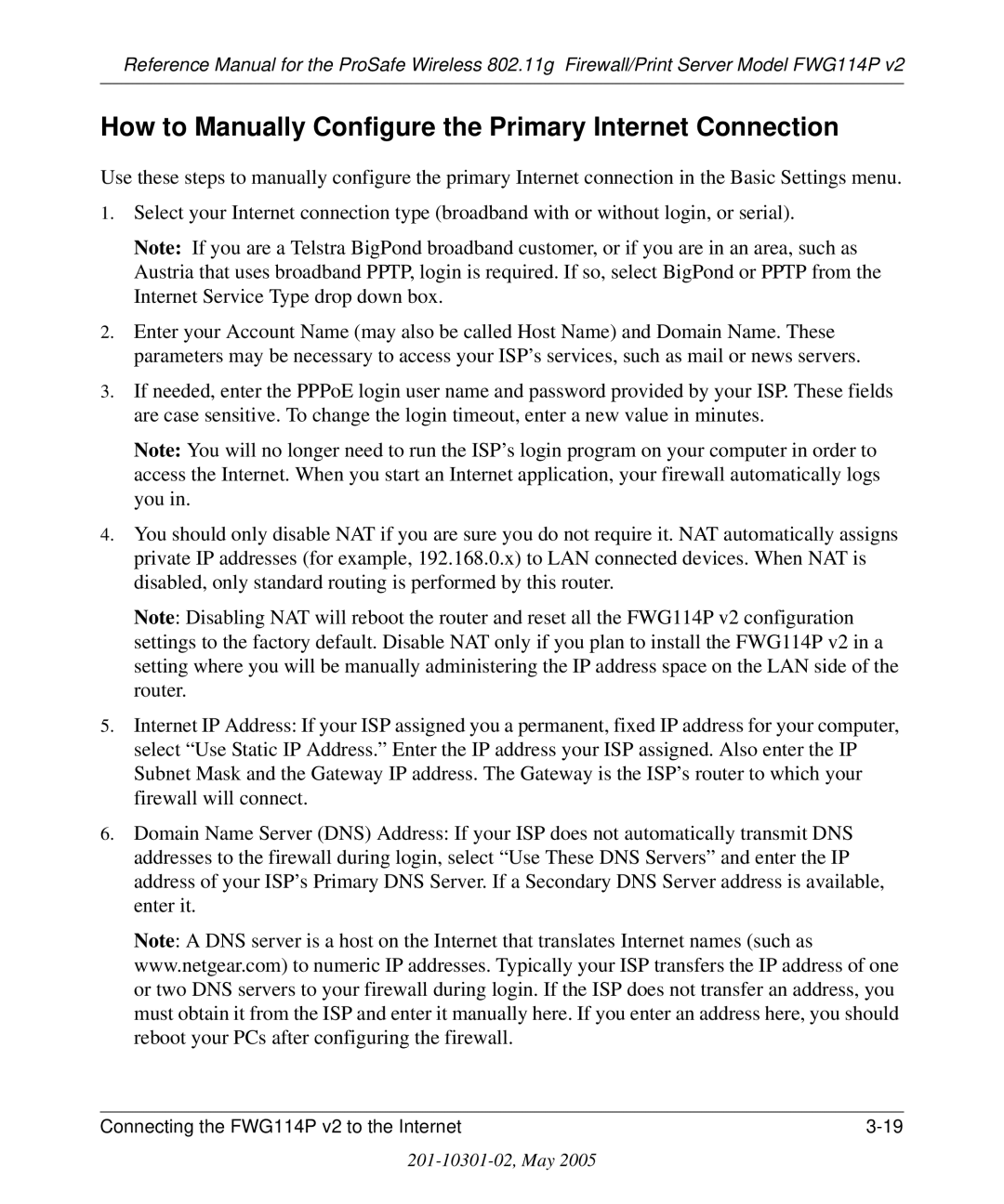 NETGEAR FWG114P v2 manual How to Manually Configure the Primary Internet Connection 