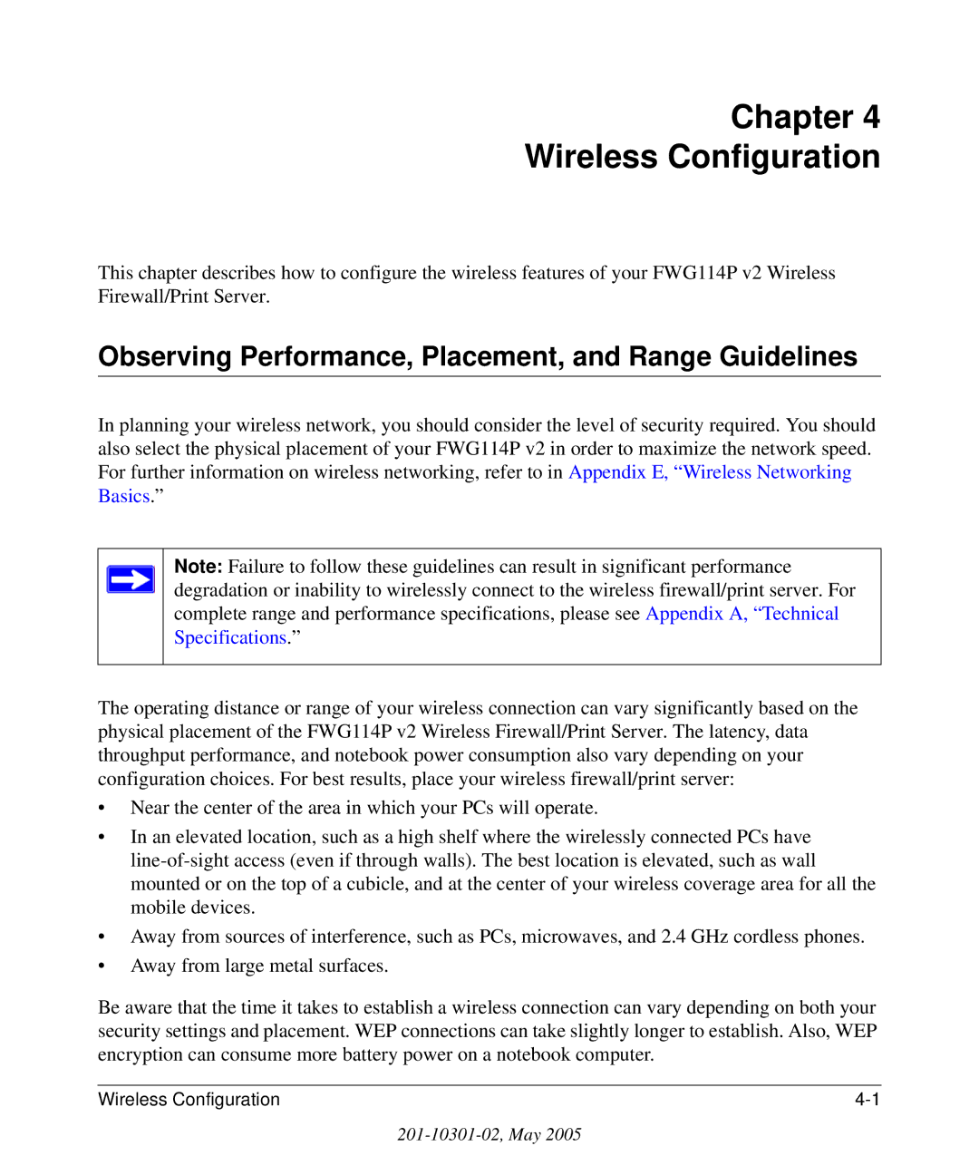 NETGEAR FWG114P v2 manual Chapter Wireless Configuration, Observing Performance, Placement, and Range Guidelines 