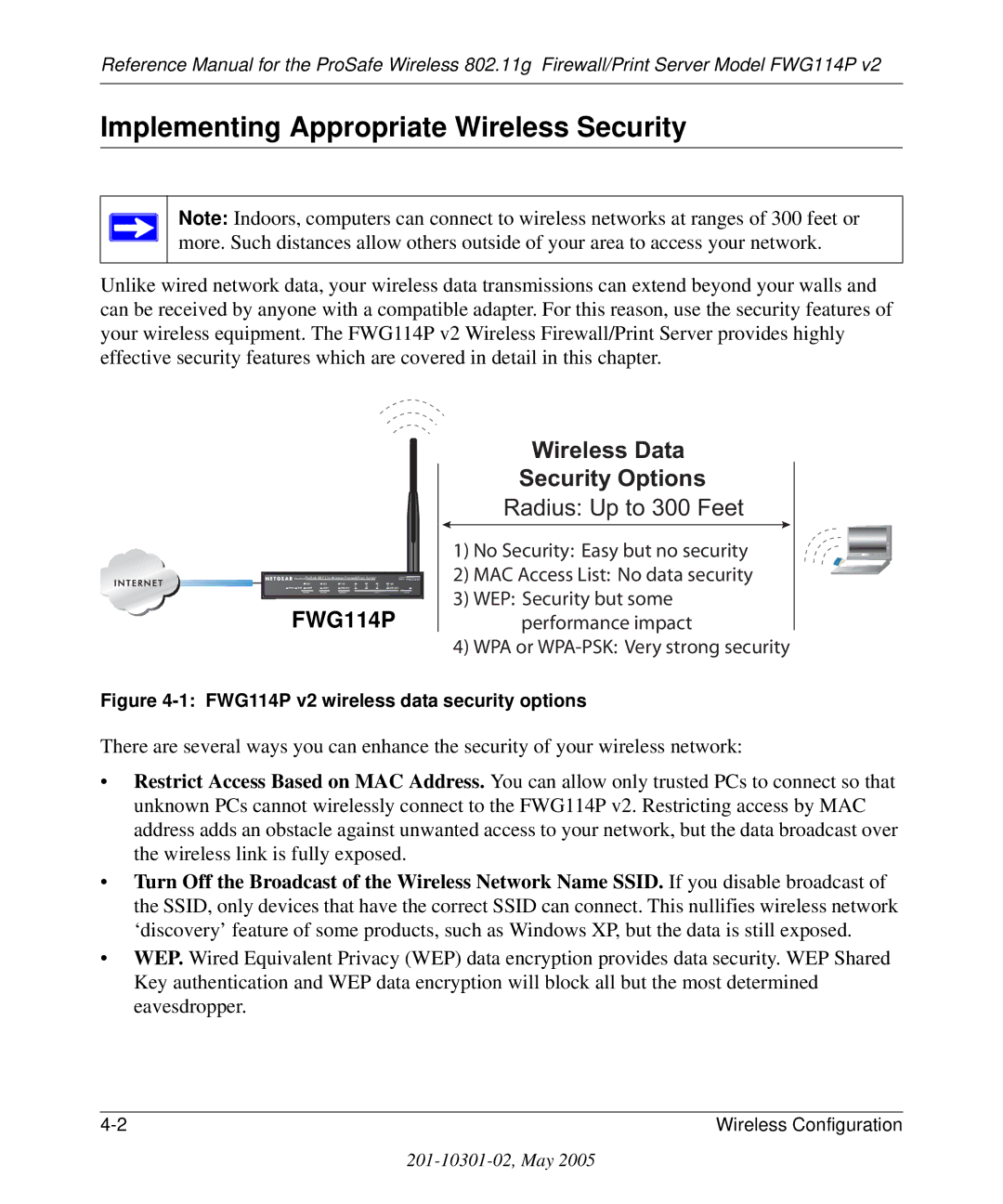 NETGEAR manual Implementing Appropriate Wireless Security, FWG114P v2 wireless data security options 