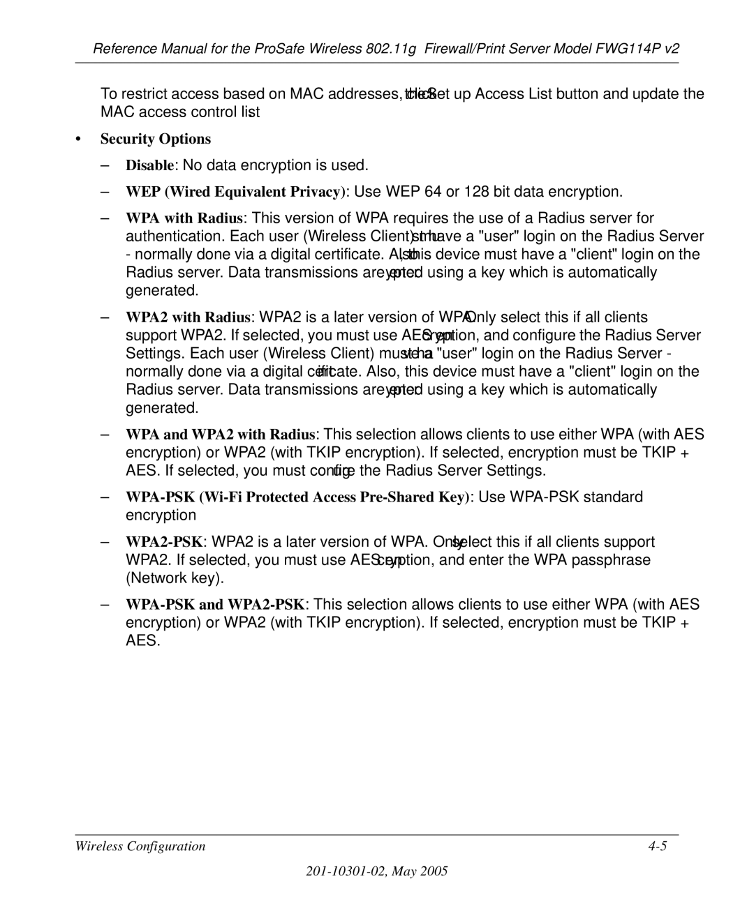 NETGEAR FWG114P v2 manual Security Options 