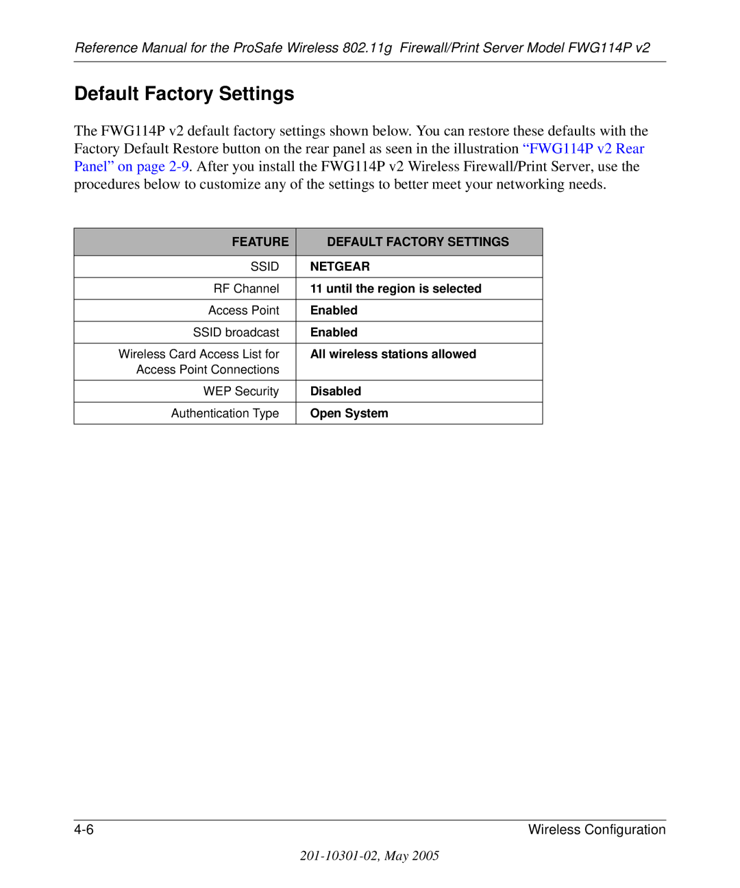 NETGEAR FWG114P v2 manual Feature Default Factory Settings Ssid Netgear 