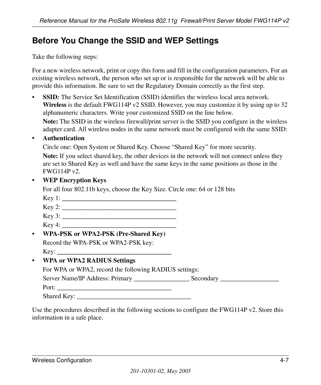 NETGEAR FWG114P v2 manual Before You Change the Ssid and WEP Settings, Authentication, WEP Encryption Keys 