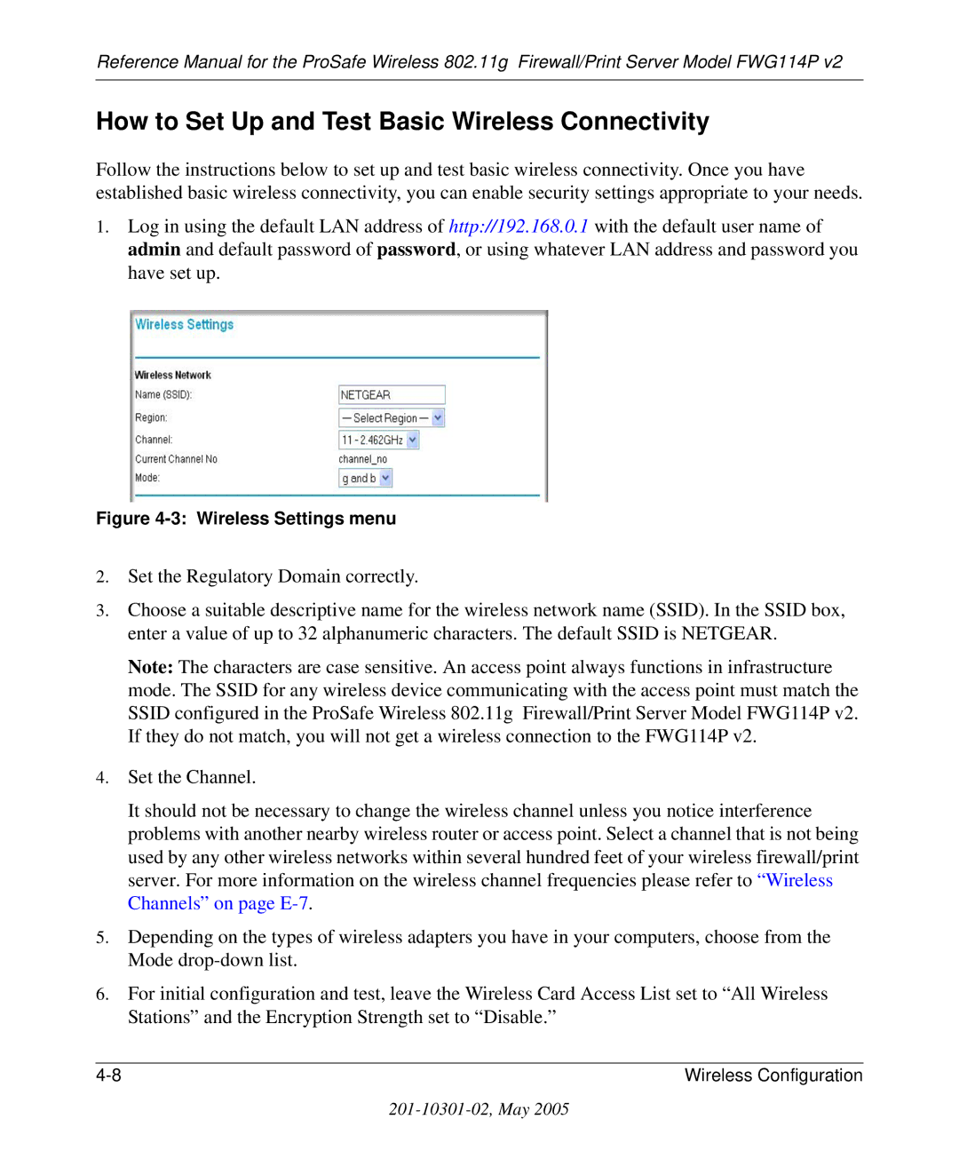 NETGEAR FWG114P v2 manual How to Set Up and Test Basic Wireless Connectivity, Wireless Settings menu 