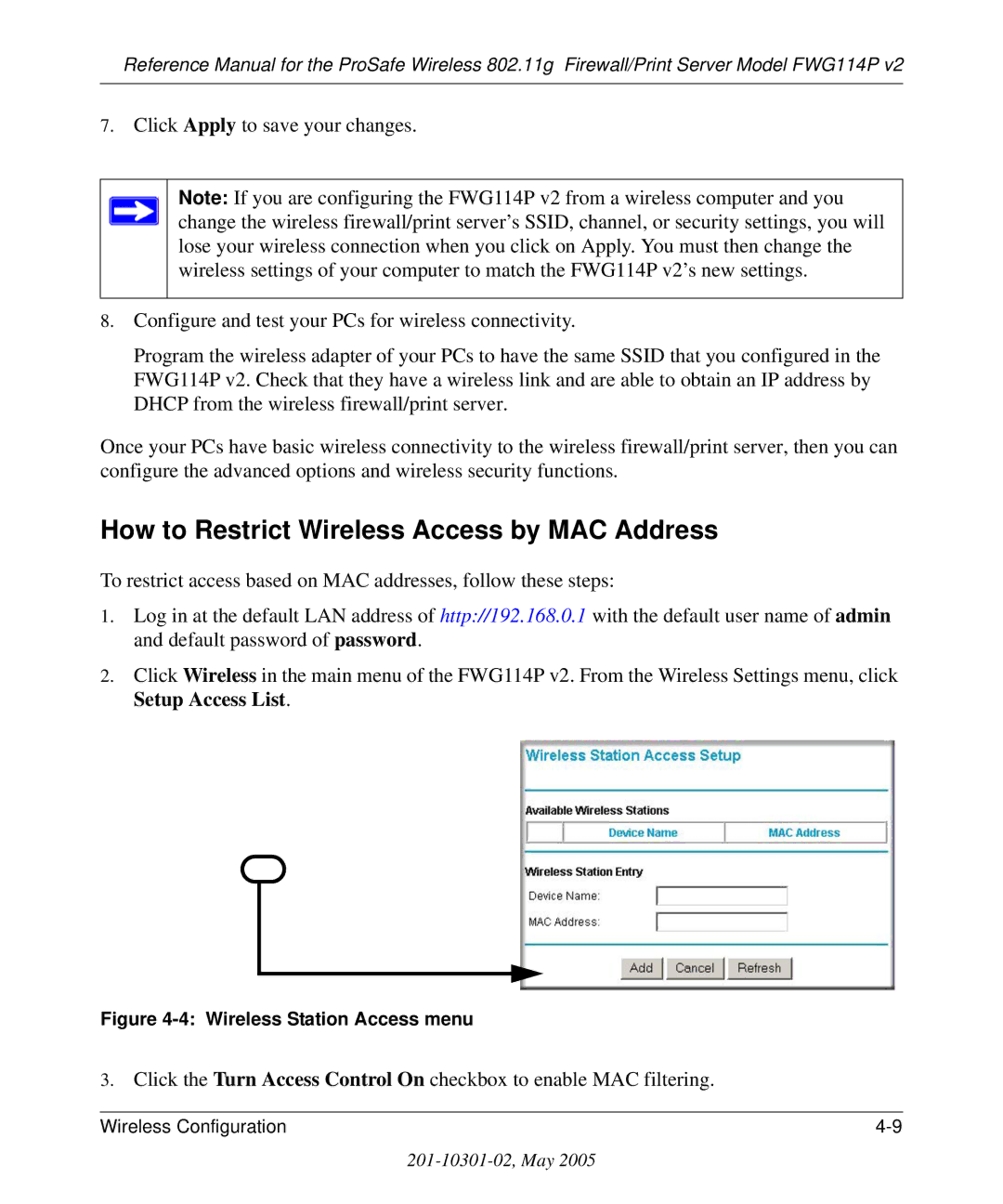 NETGEAR FWG114P v2 manual How to Restrict Wireless Access by MAC Address, Wireless Station Access menu 