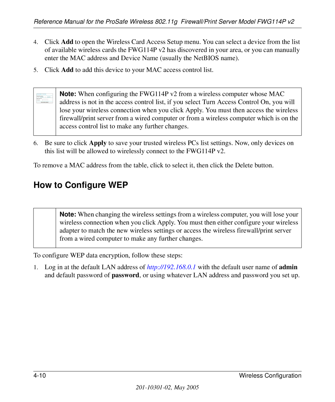 NETGEAR FWG114P v2 manual How to Configure WEP, To configure WEP data encryption, follow these steps 