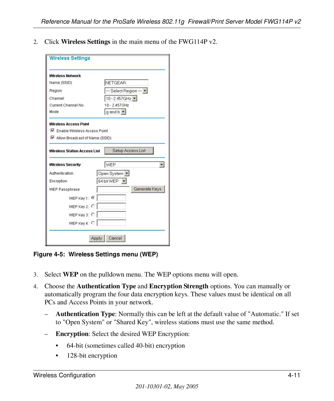 NETGEAR FWG114P v2 manual Click Wireless Settings in the main menu of the FWG114P, Wireless Settings menu WEP 