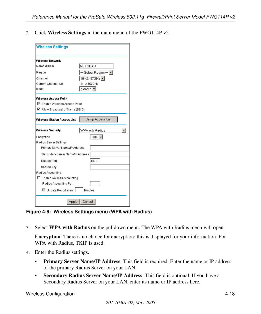 NETGEAR FWG114P v2 manual Wireless Settings menu WPA with Radius 