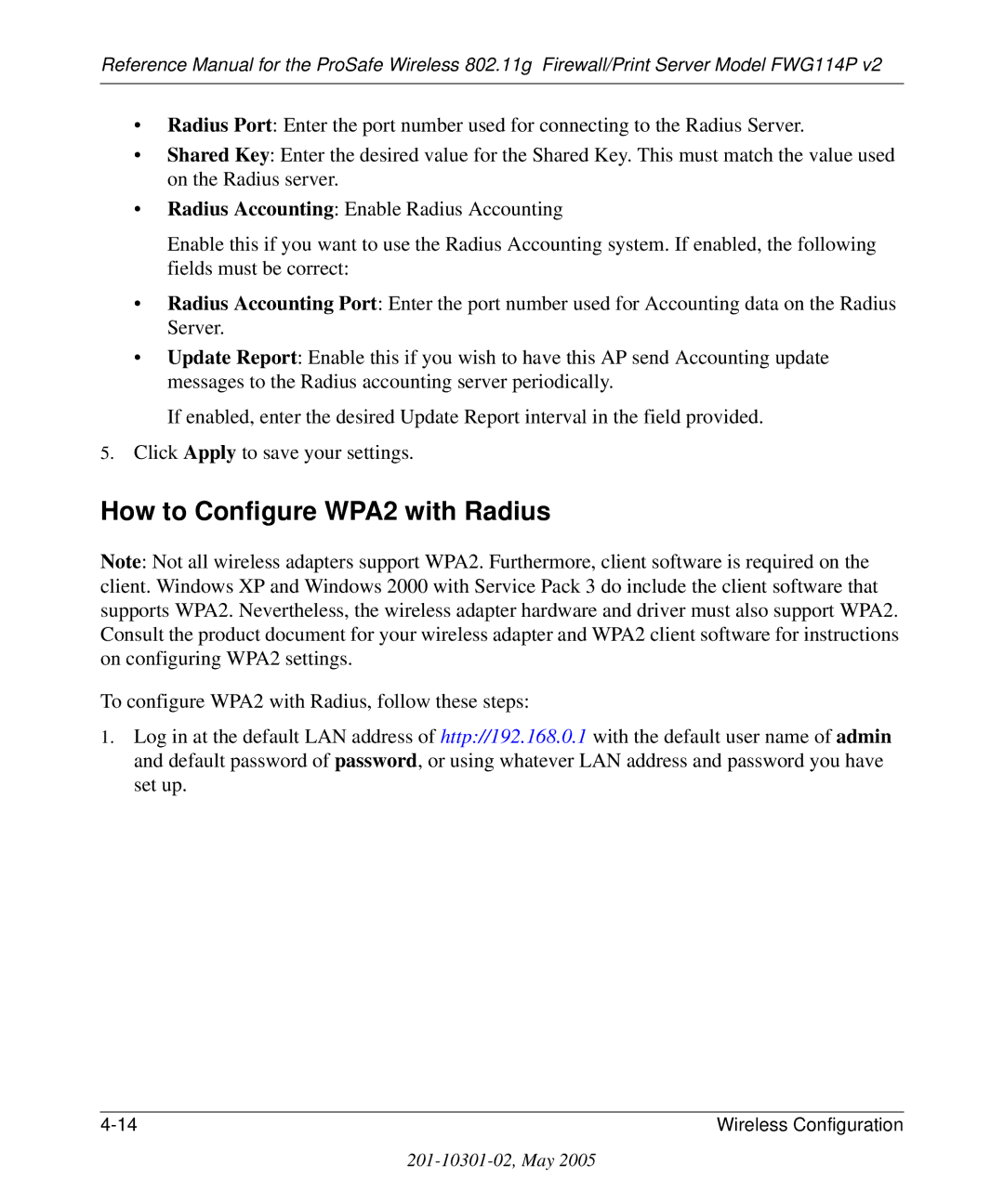 NETGEAR FWG114P v2 manual How to Configure WPA2 with Radius 