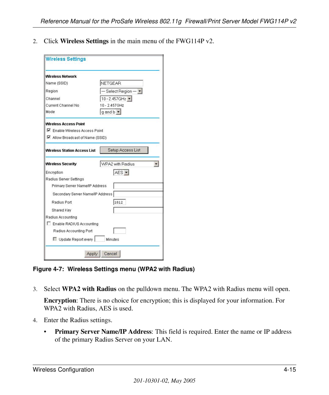 NETGEAR FWG114P v2 manual Wireless Settings menu WPA2 with Radius 