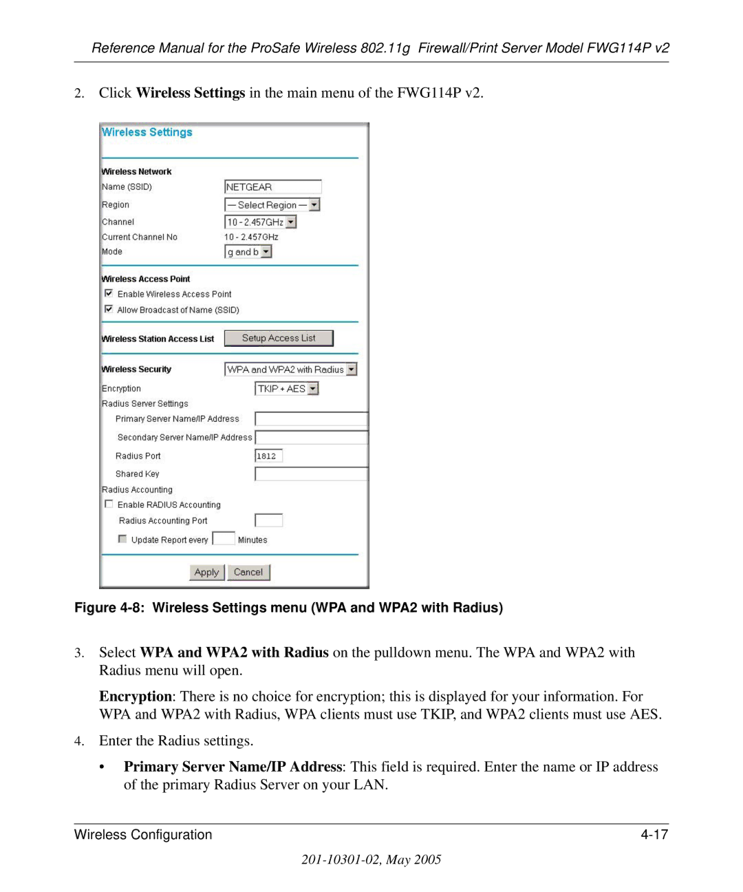 NETGEAR FWG114P v2 manual Wireless Settings menu WPA and WPA2 with Radius 