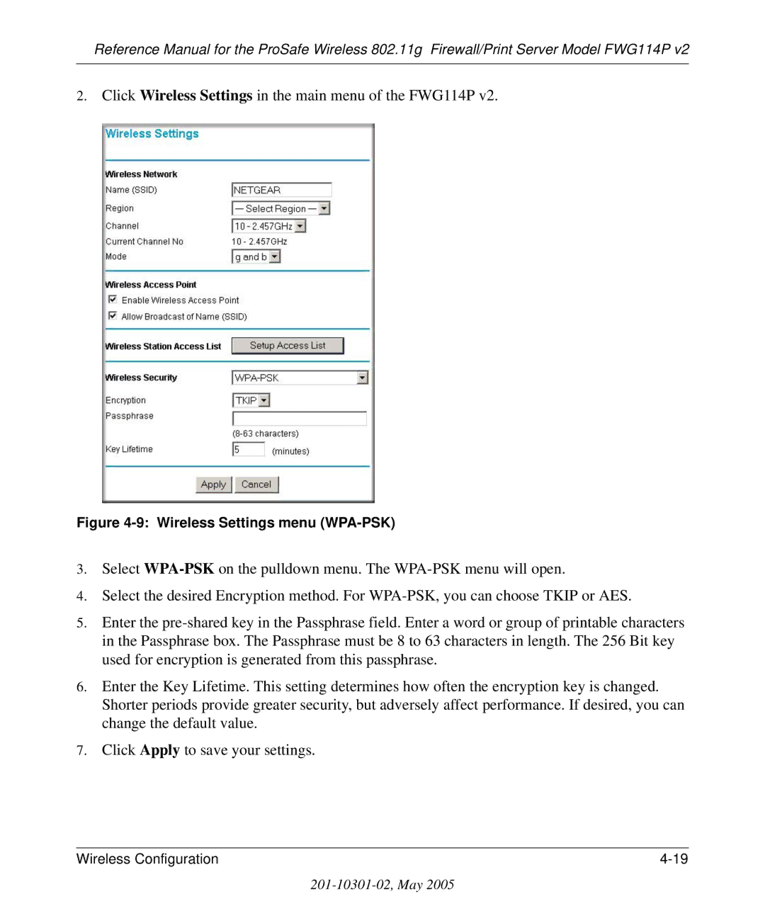 NETGEAR FWG114P v2 manual Wireless Settings menu WPA-PSK 