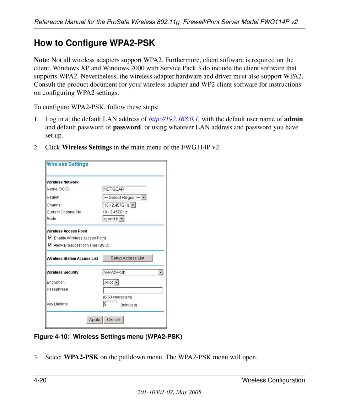 NETGEAR FWG114P v2 manual How to Configure WPA2-PSK, Wireless Settings menu WPA2-PSK 