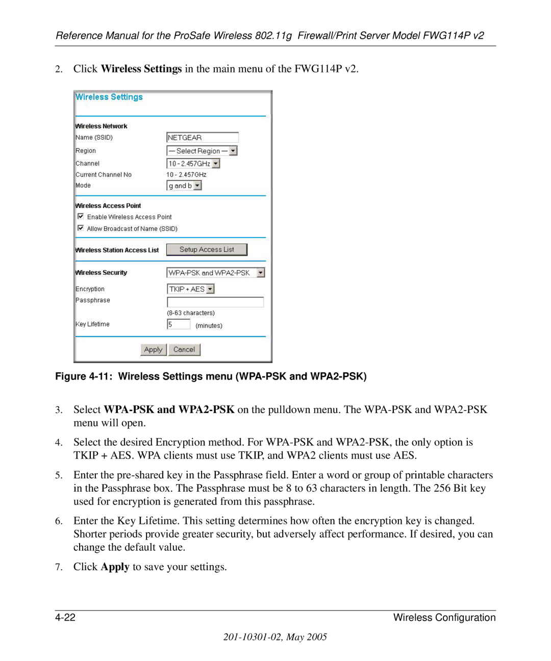 NETGEAR FWG114P v2 manual Wireless Settings menu WPA-PSK and WPA2-PSK 