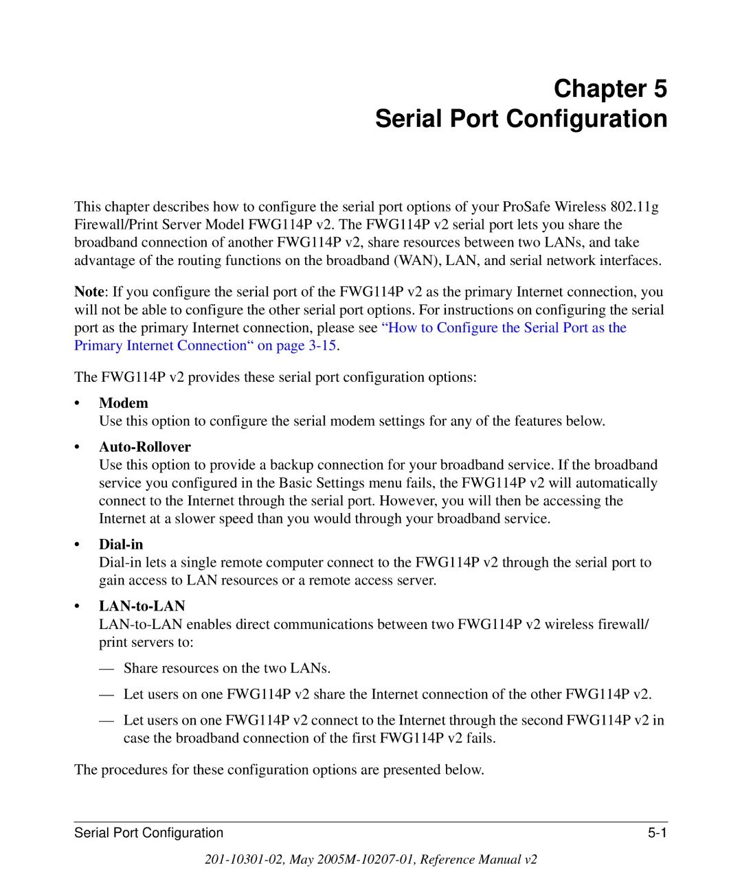 NETGEAR FWG114P v2 manual Chapter Serial Port Configuration, Modem, Auto-Rollover, Dial-in, LAN-to-LAN 