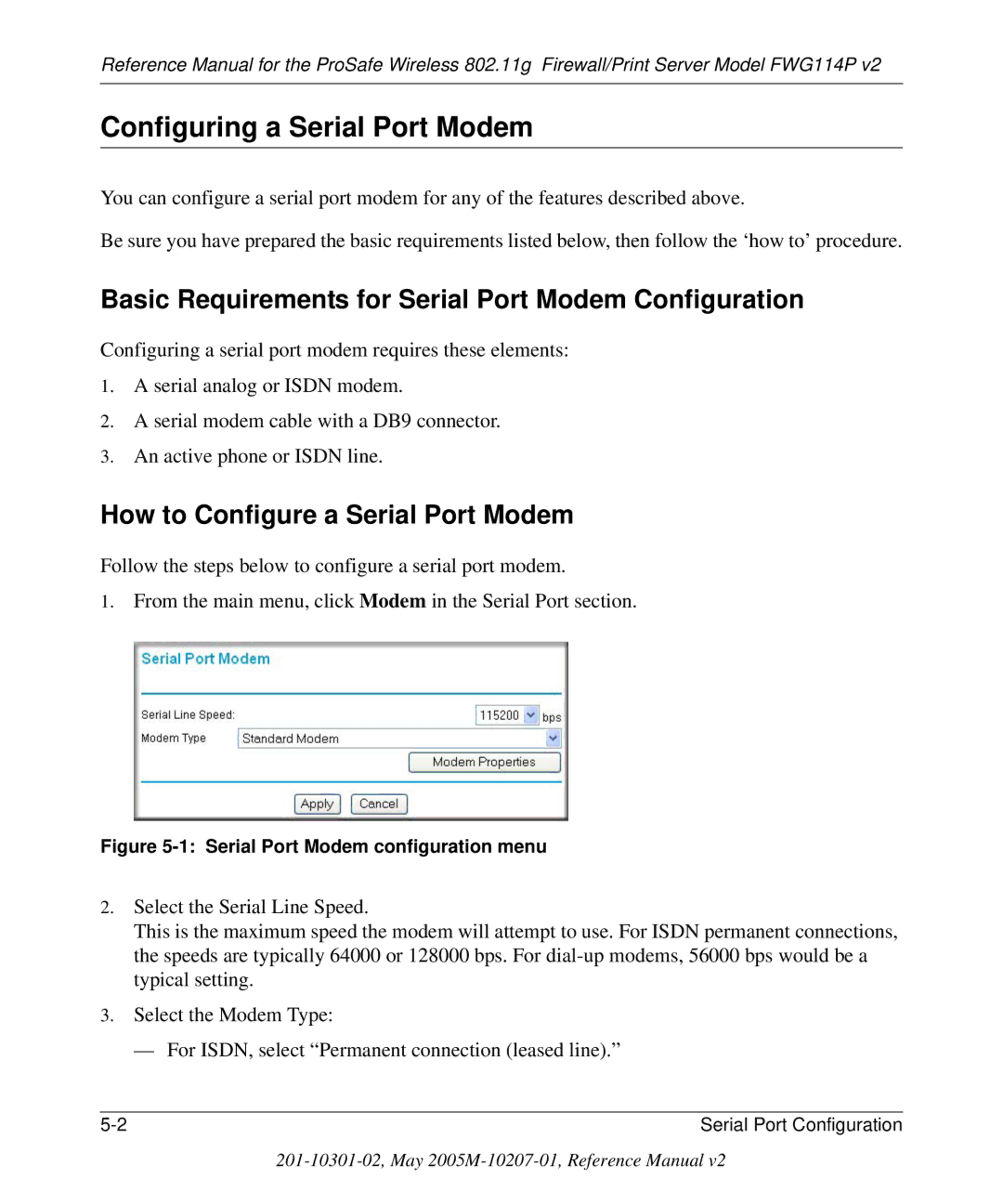 NETGEAR FWG114P v2 manual Configuring a Serial Port Modem, Basic Requirements for Serial Port Modem Configuration 