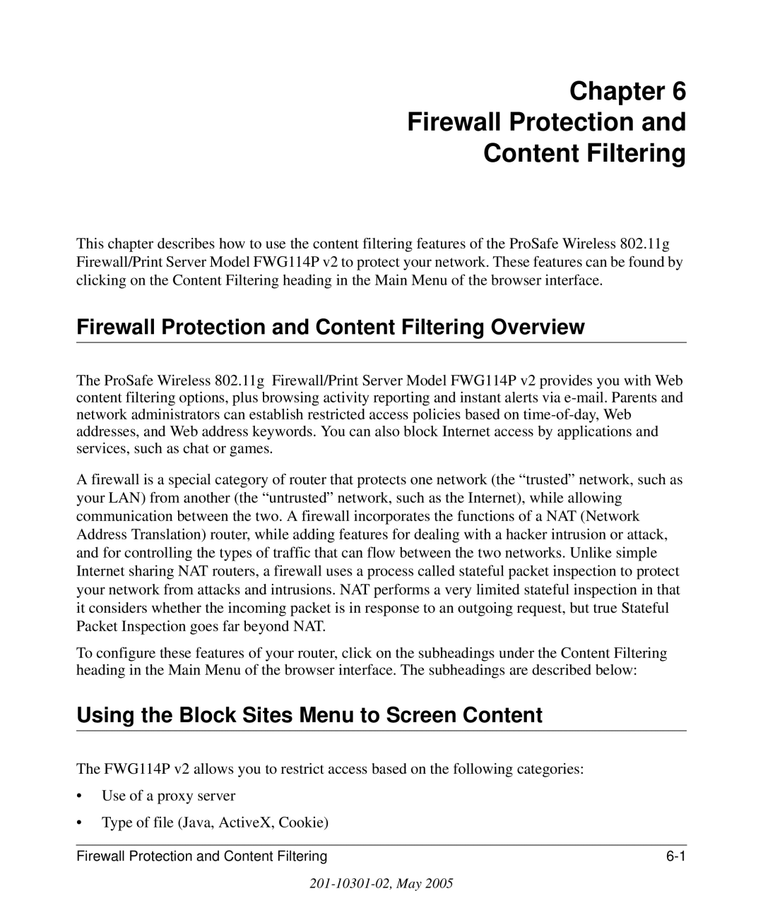 NETGEAR FWG114P v2 manual Chapter Firewall Protection Content Filtering, Firewall Protection and Content Filtering Overview 