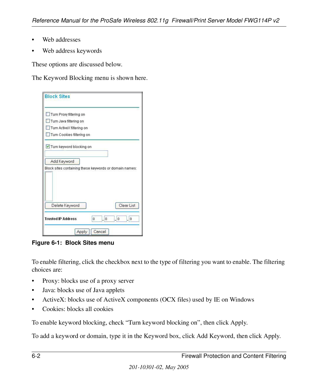 NETGEAR FWG114P v2 manual Block Sites menu 