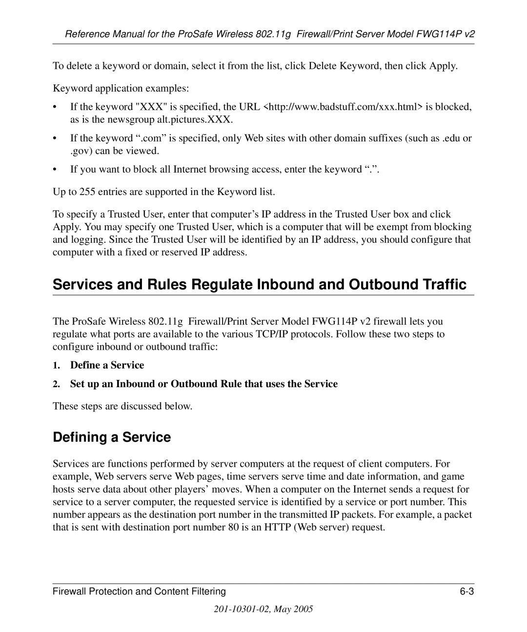 NETGEAR FWG114P v2 manual Services and Rules Regulate Inbound and Outbound Traffic, Defining a Service 