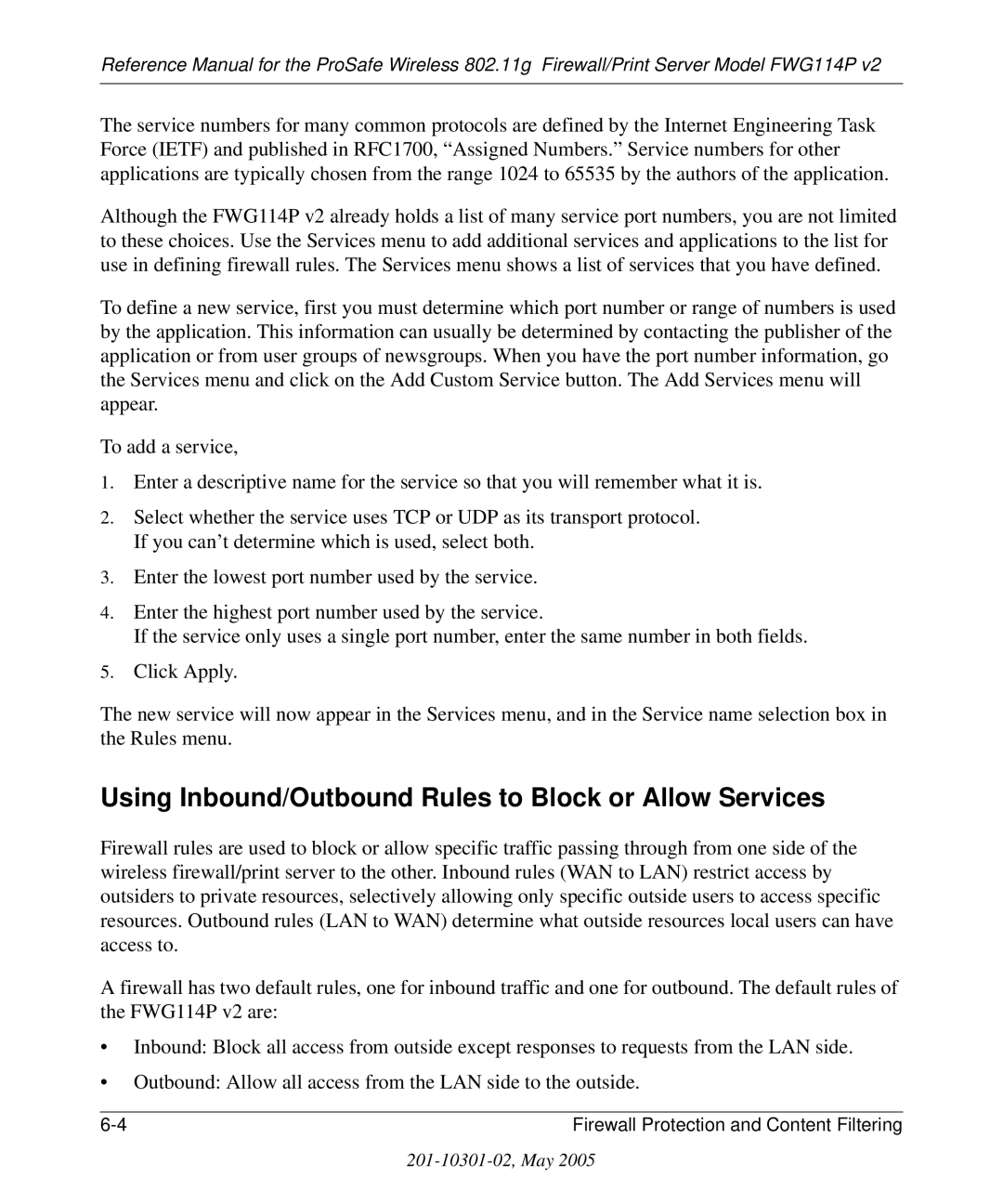 NETGEAR FWG114P v2 manual Using Inbound/Outbound Rules to Block or Allow Services 