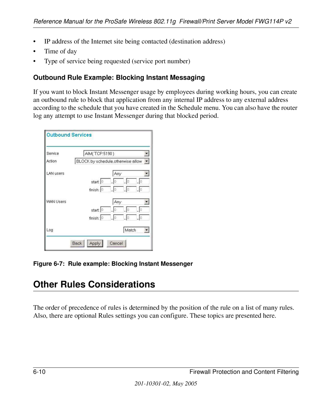 NETGEAR FWG114P v2 manual Other Rules Considerations, Rule example Blocking Instant Messenger 