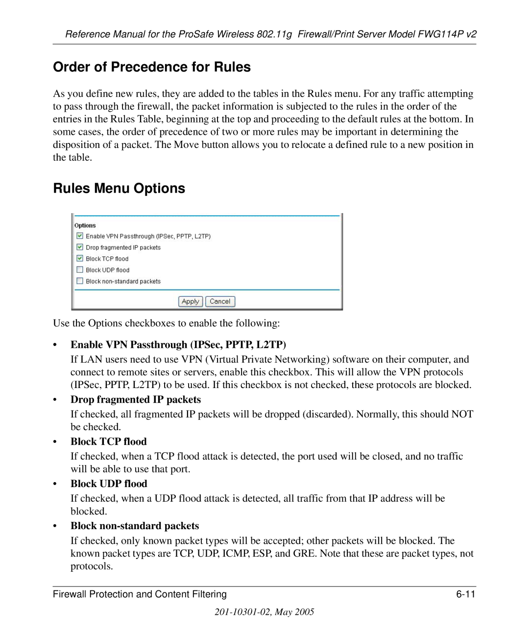 NETGEAR FWG114P v2 manual Order of Precedence for Rules, Rules Menu Options 