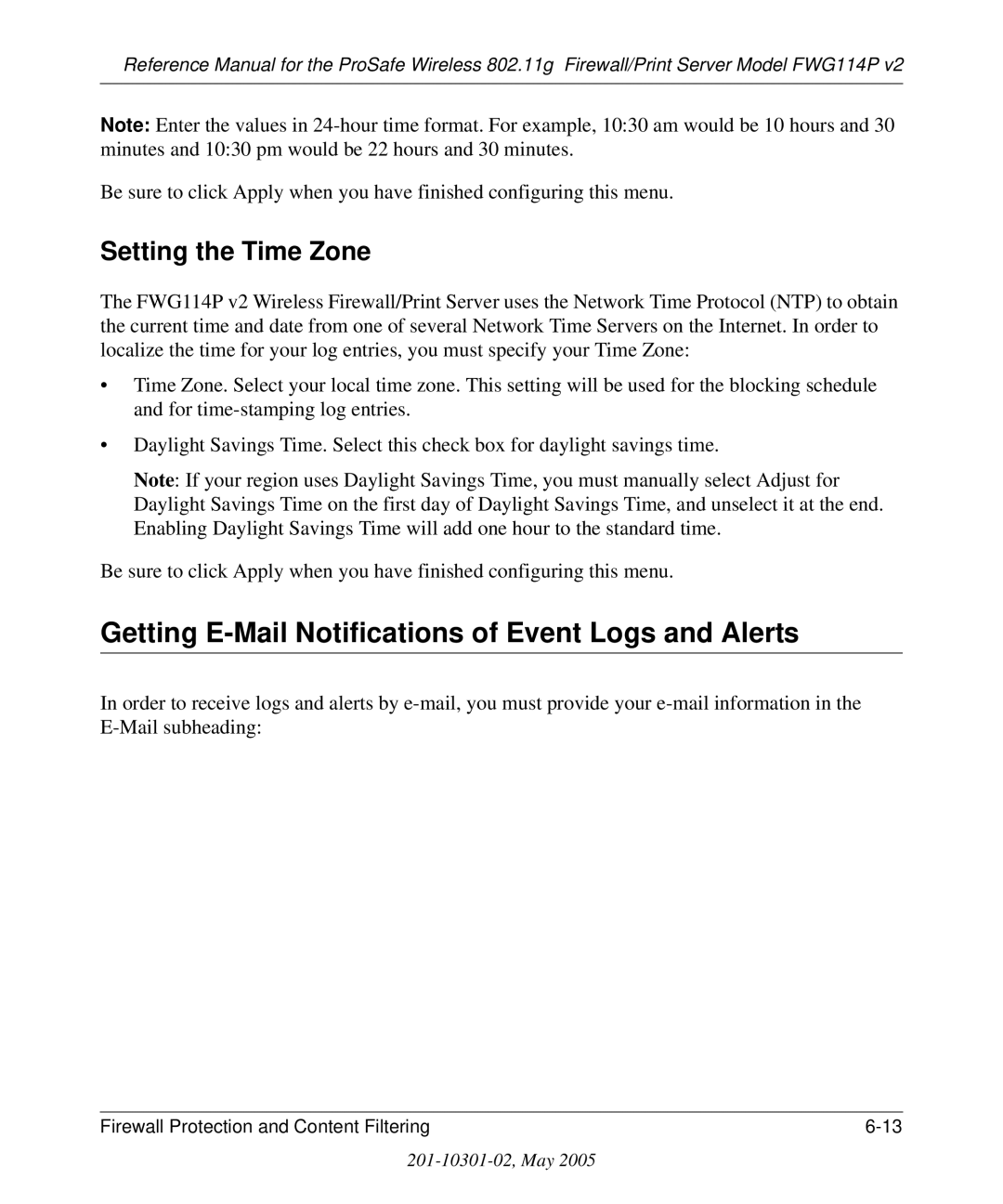 NETGEAR FWG114P v2 manual Getting E-Mail Notifications of Event Logs and Alerts, Setting the Time Zone 