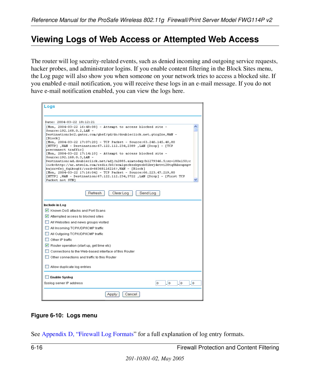 NETGEAR FWG114P v2 manual Viewing Logs of Web Access or Attempted Web Access, Logs menu 