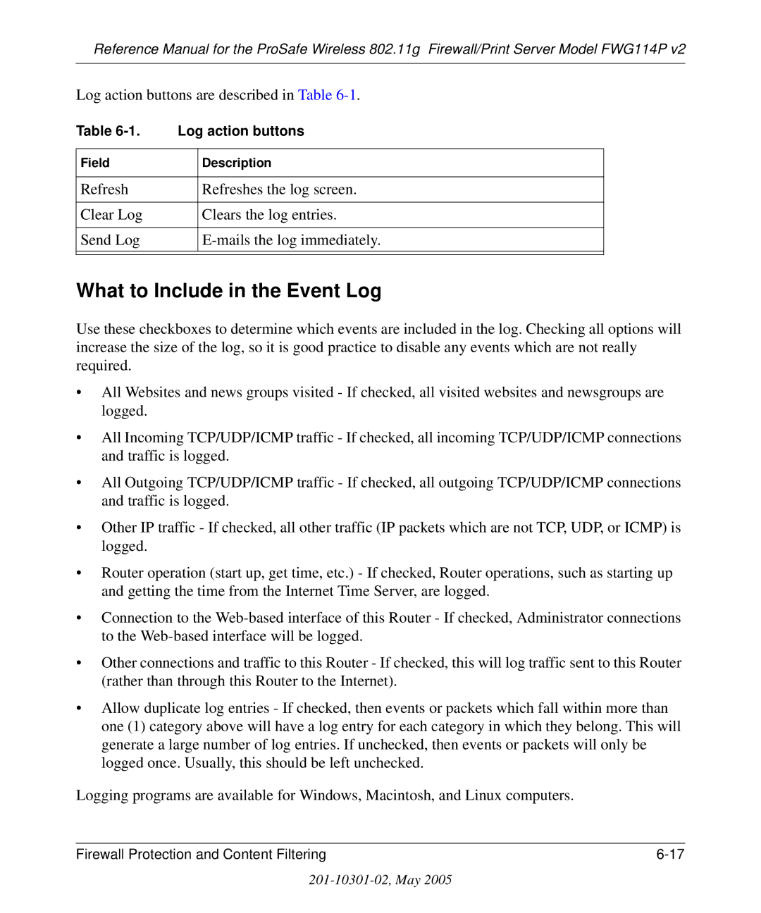 NETGEAR FWG114P v2 manual What to Include in the Event Log, Log action buttons are described in Table 