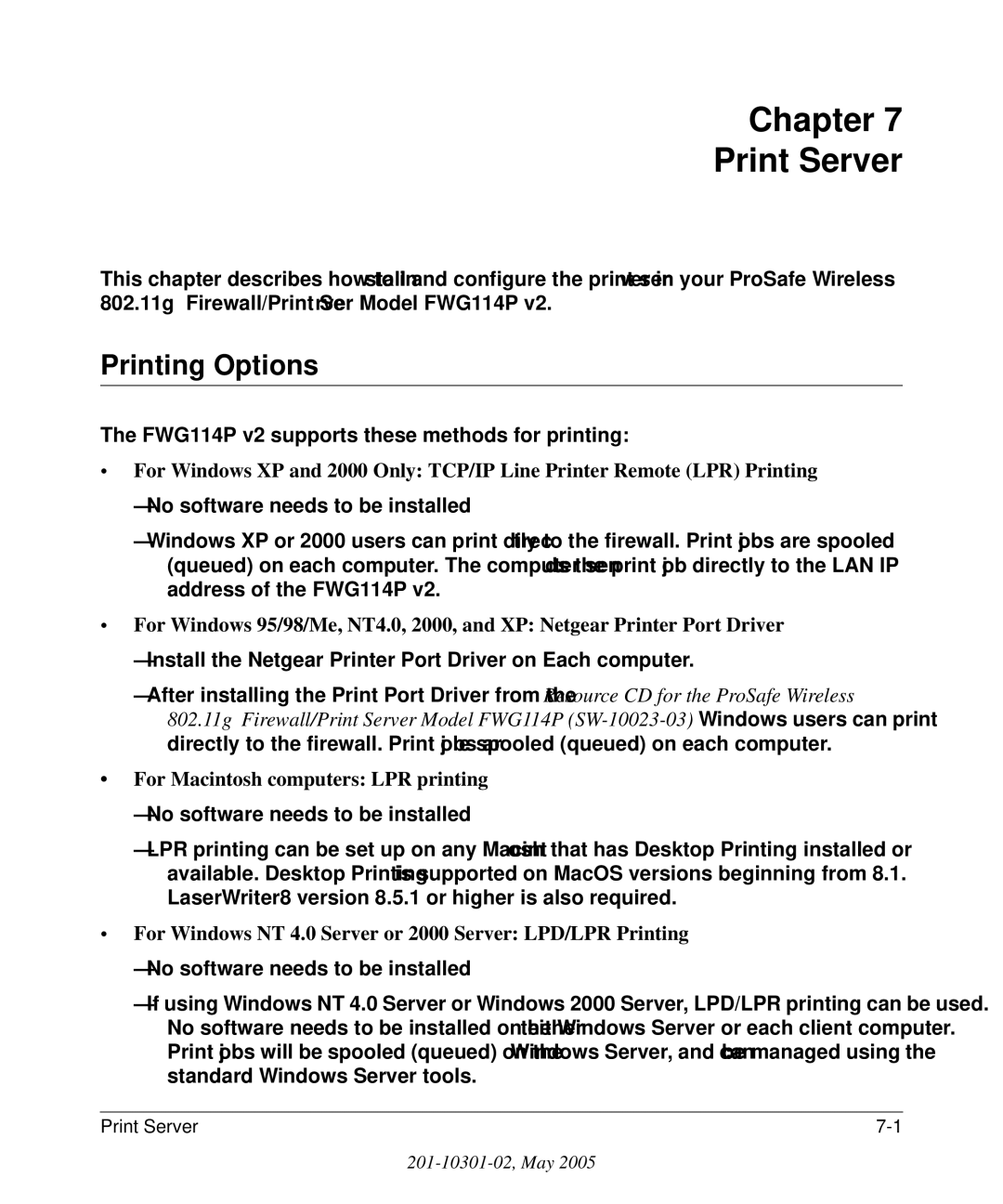 NETGEAR manual Chapter Print Server, Printing Options, FWG114P v2 supports these methods for printing 