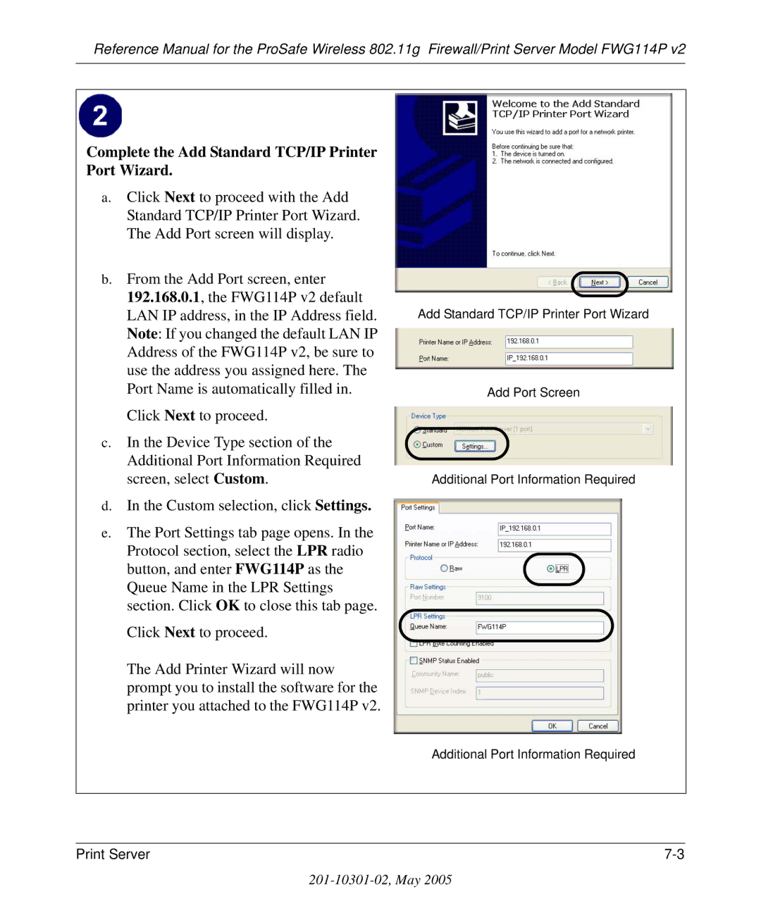 NETGEAR FWG114P v2 manual Complete the Add Standard TCP/IP Printer Port Wizard 