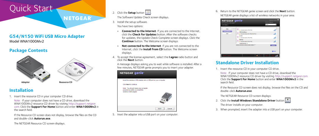 NETGEAR quick start G54/N150 WiFi USB Micro Adapter, Package Contents, Standalone Driver Installation 