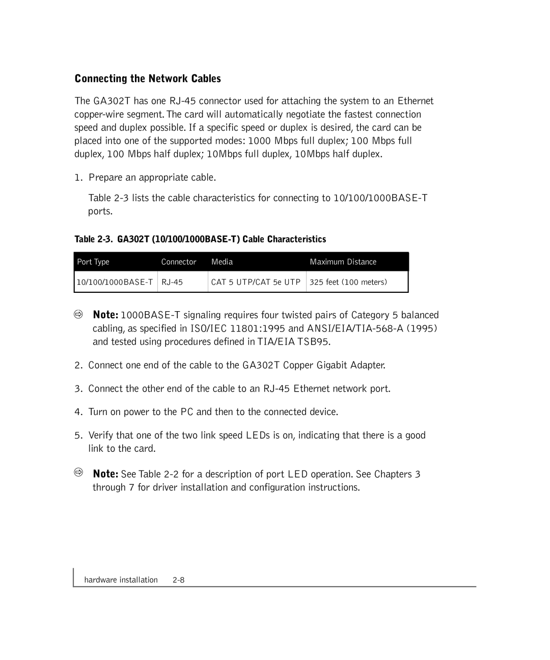 NETGEAR manual Connecting the Network Cables, GA302T 10/100/1000BASE-T Cable Characteristics 