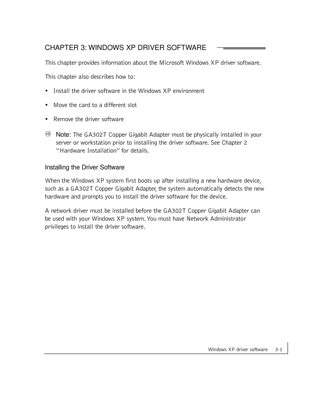 NETGEAR GA302T manual Windows XP Driver Software, Installing the Driver Software 