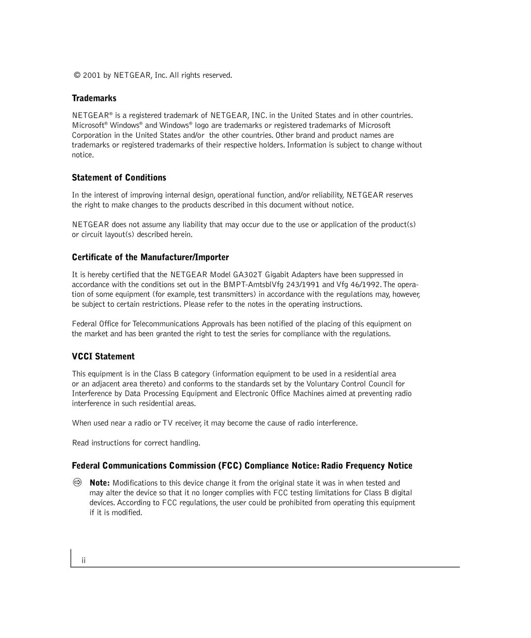 NETGEAR GA302T manual Trademarks, Statement of Conditions, Certificate of the Manufacturer/Importer, Vcci Statement 